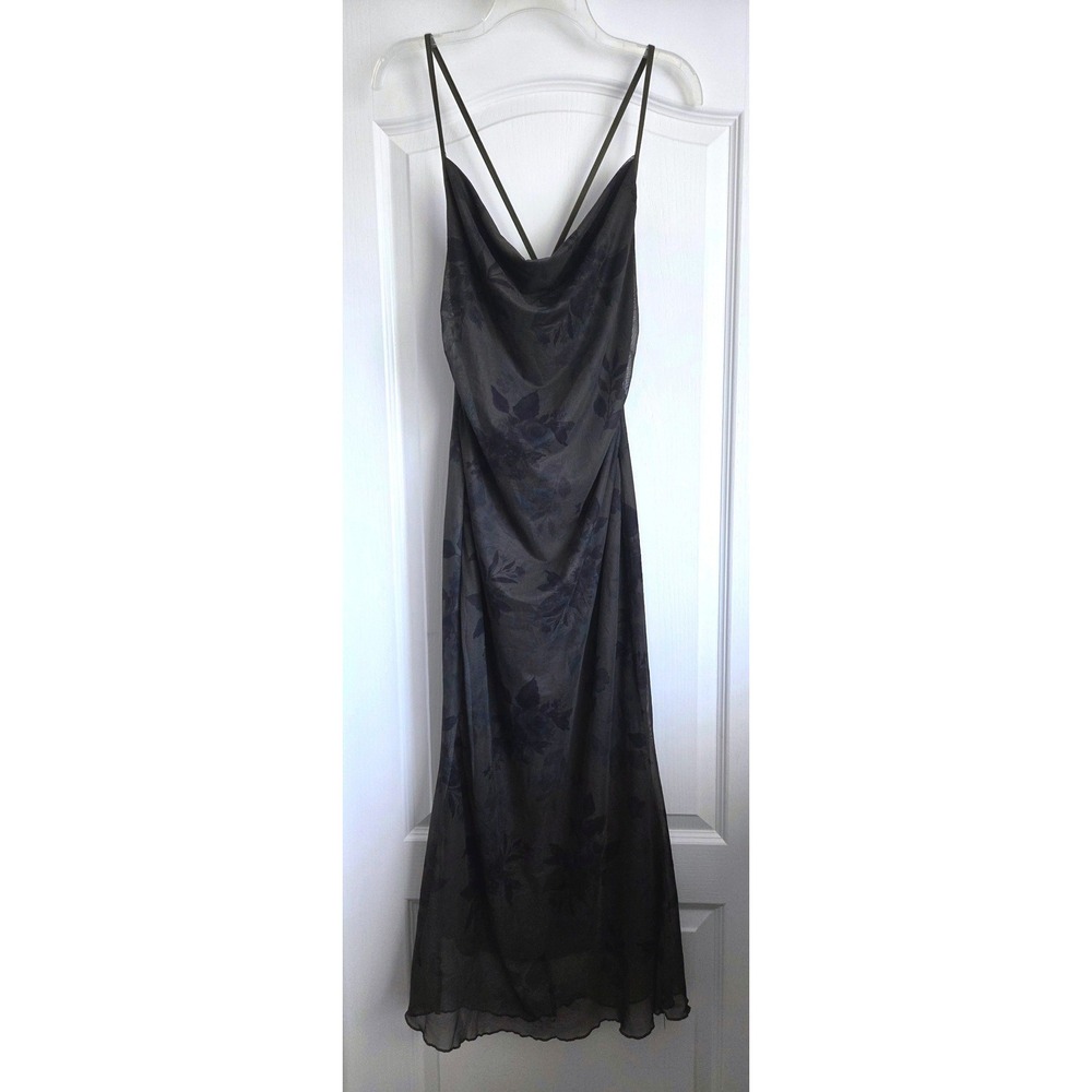 VTG Romwe Dark Olive Floral Mesh Cowl Neck Maxi Dress Sz L Criss Cross Straps